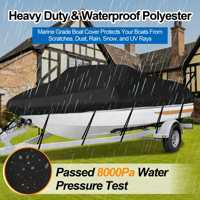 iCOVER Trailerable Boat Cover- 16'-18.5' Heavy Duty Waterproof Tarp Covers with Storage Bag, Fits V-Hull, Fish&Ski, Pro-Style, Fishing, Runabout, Bass Boats, up to 16ft-18.5ft Long X 94" Wide - Image 4